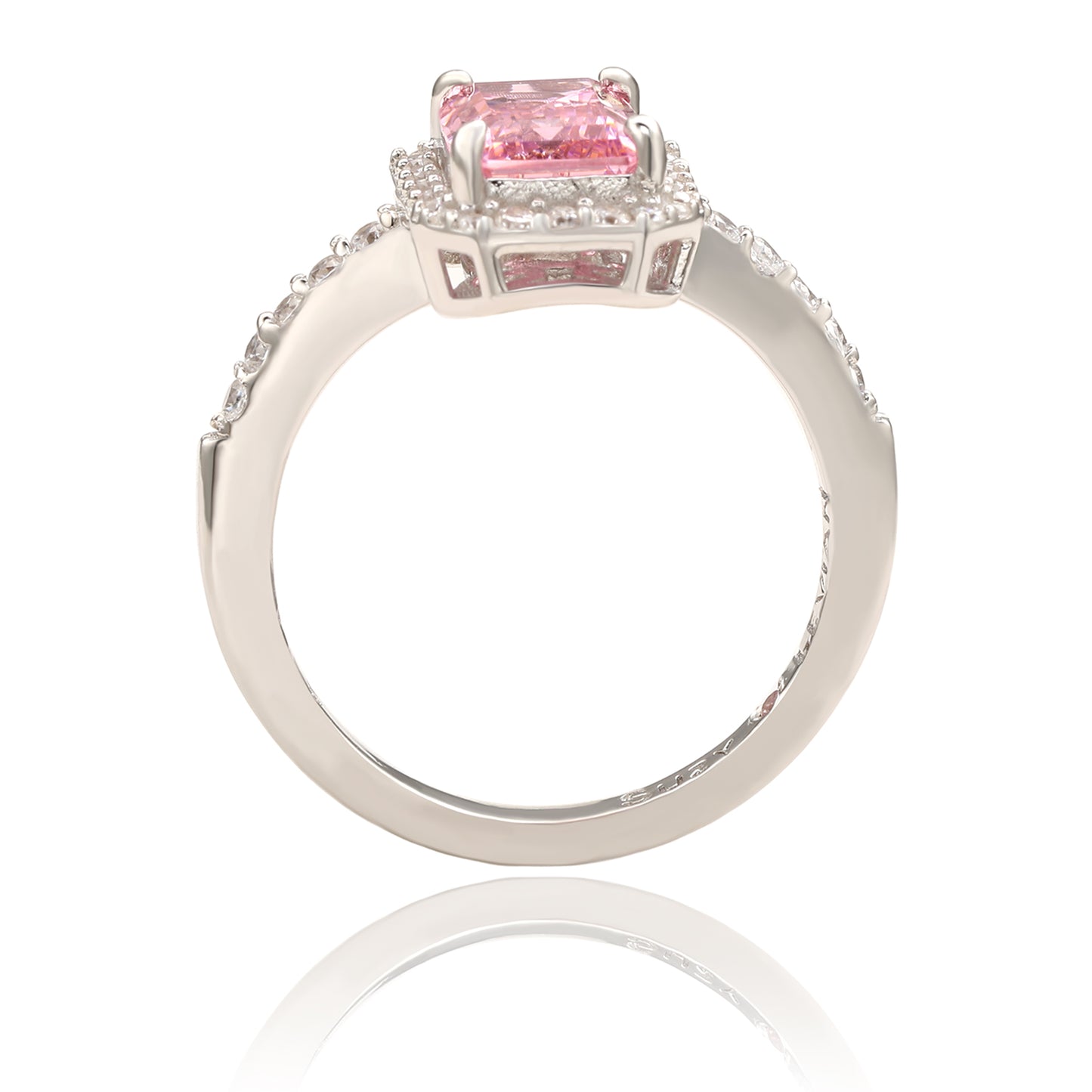 Suzy Levian Sterling Silver Emerald Cut Pink Sapphire & Diamond Accent Halo Ring