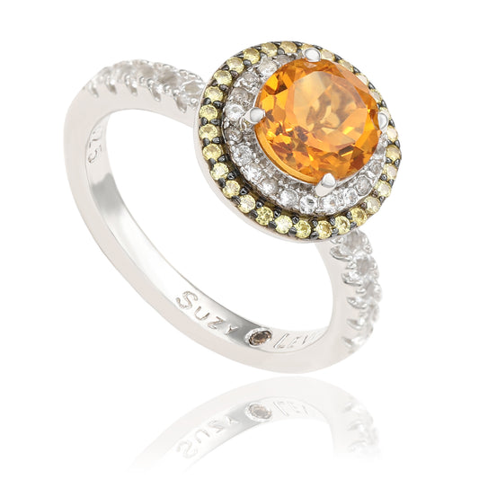 Suzy Levian Sterling Silver Orange Citrine Round Cut and Sapphire Ring