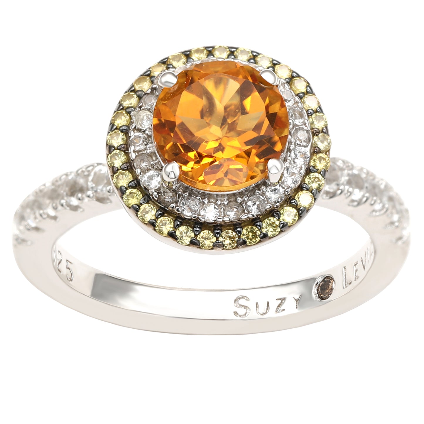 Suzy Levian Sterling Silver Orange Citrine Round Cut and Sapphire Ring