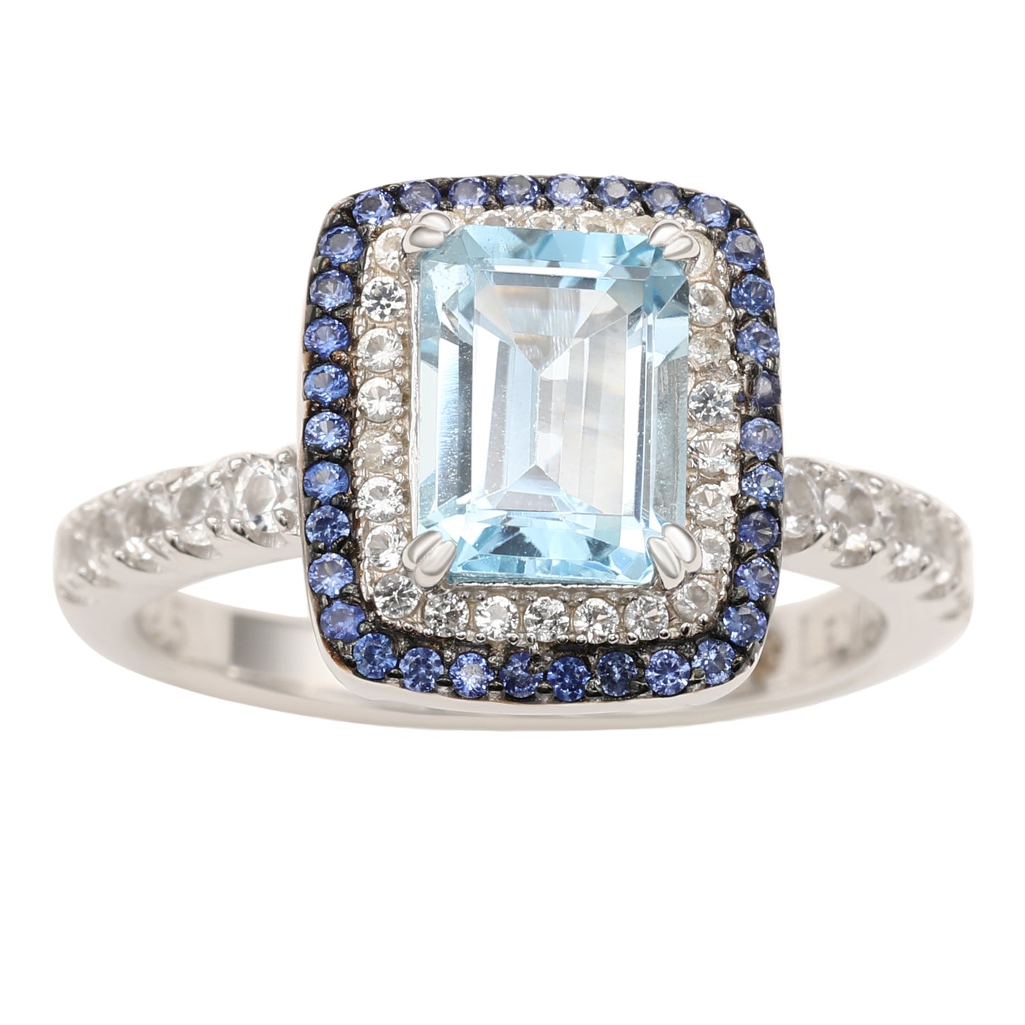 Suzy Levian Sterling Silver Emerald Cut Blue Topaz and Sapphire Accent Ring