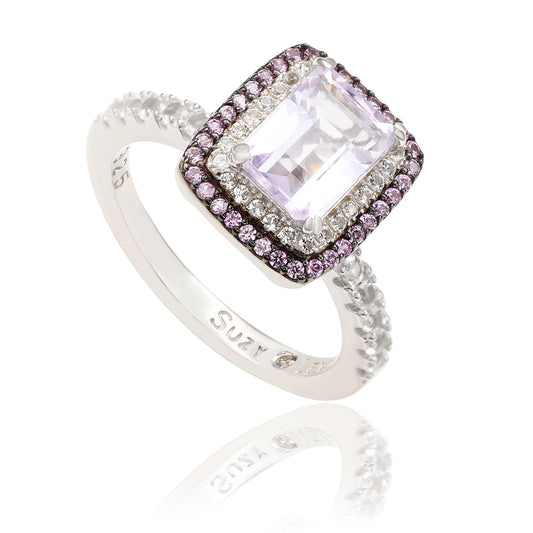 Suzy Levian Sterling Silver Emerald Cut Purple Amethyst and Sapphire Accent Ring