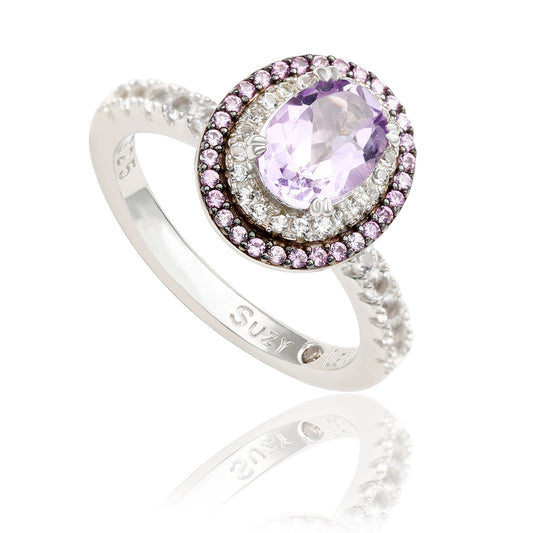 Suzy Levian Sterling Silver Oval Cut Purple Amethyst and Sapphire Accent Ring
