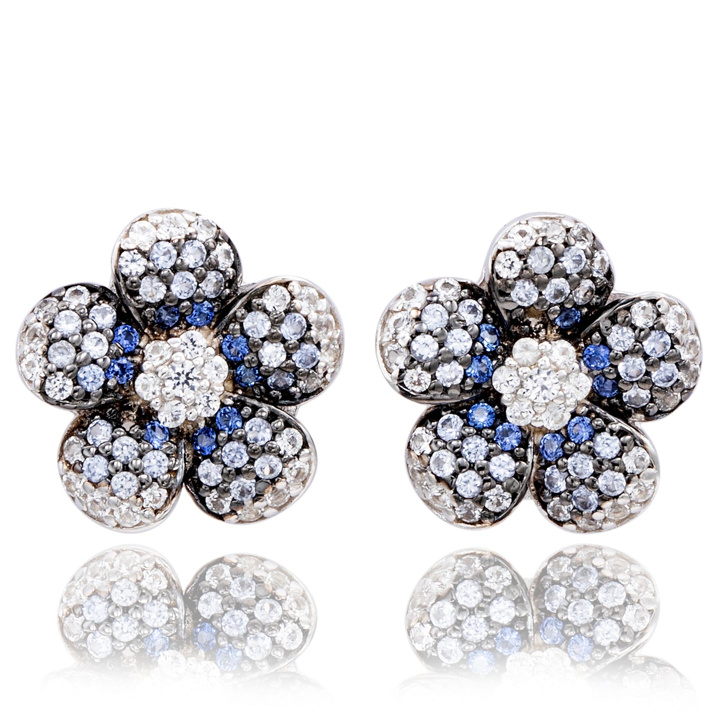 Suzy Levian Sterling Silver Blue Sapphire Created White Sapphire Flower Earrings