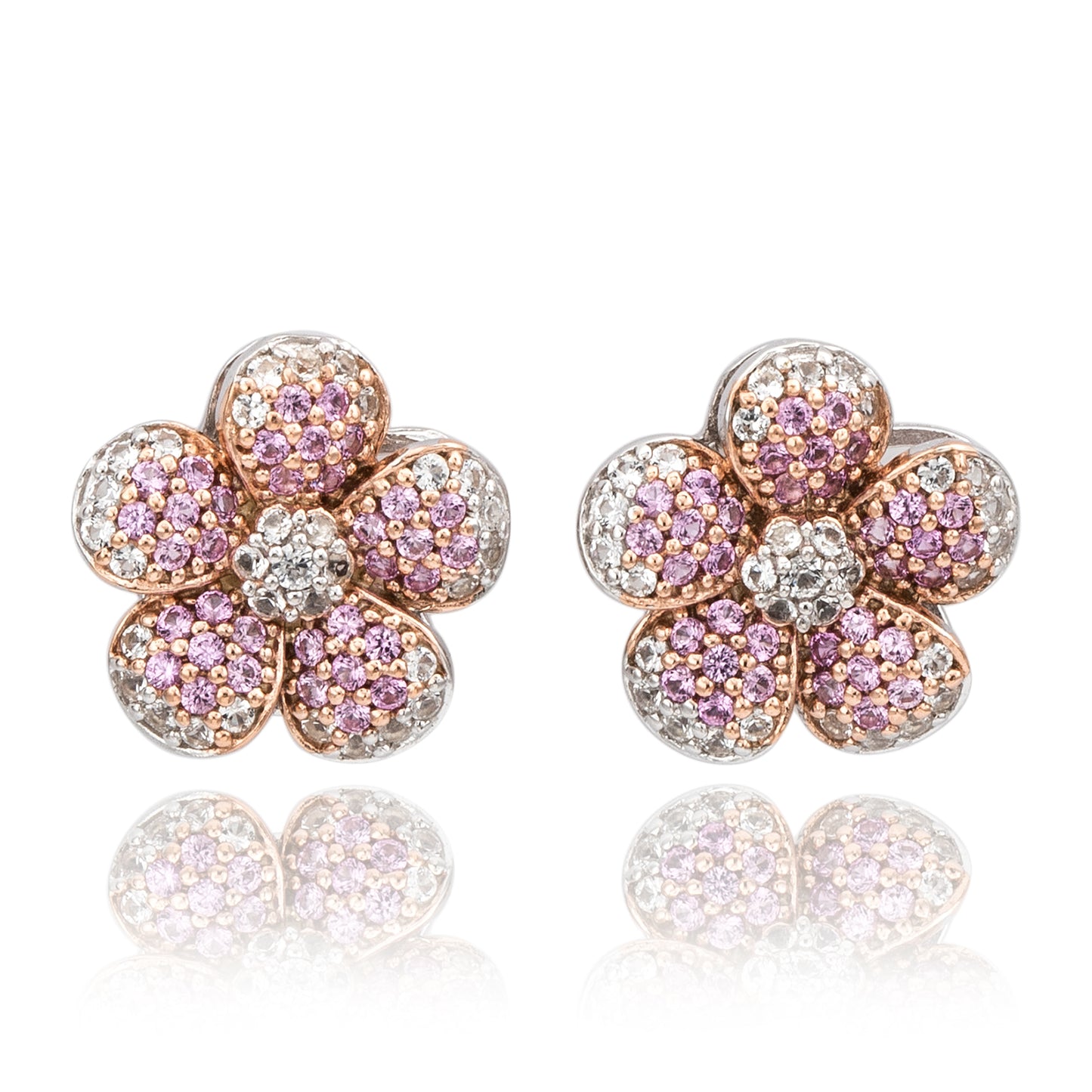 Suzy Levian Sterling Silver Pink Sapphire Created White Sapphire Flower Earrings