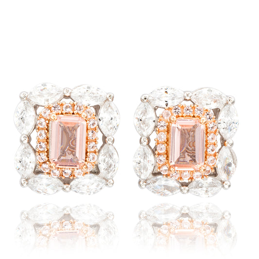 Suzy Levian Two Tone Sterling Silver Multi Cut Pink & White Cubic Zirconia Cluster Earrings