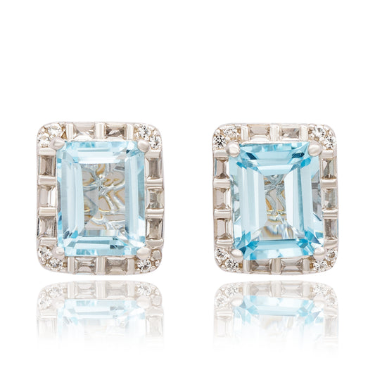 Suzy Levian Sterling Silver Emerald Cut Blue Topaz And White Topaz Stud Earrings