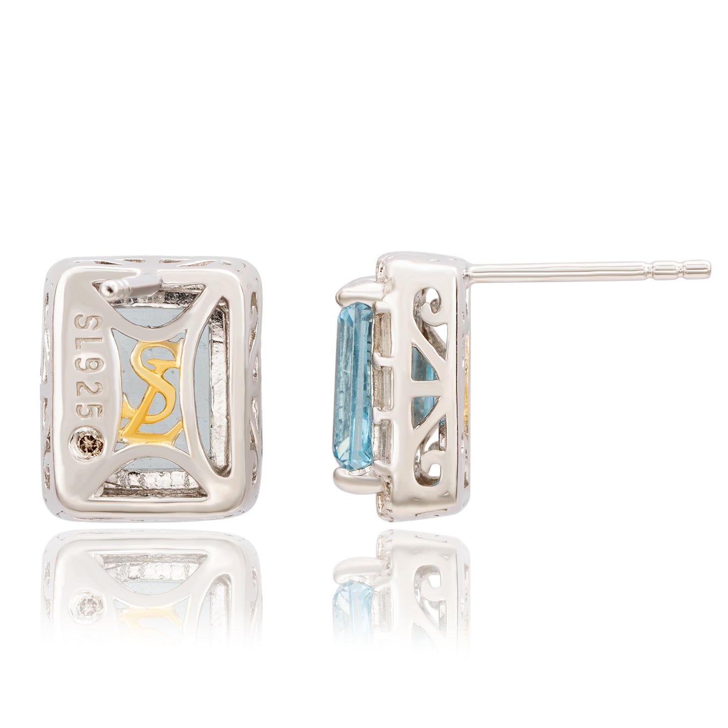 Suzy Levian Sterling Silver Emerald Cut Blue Topaz And White Topaz Stud Earrings