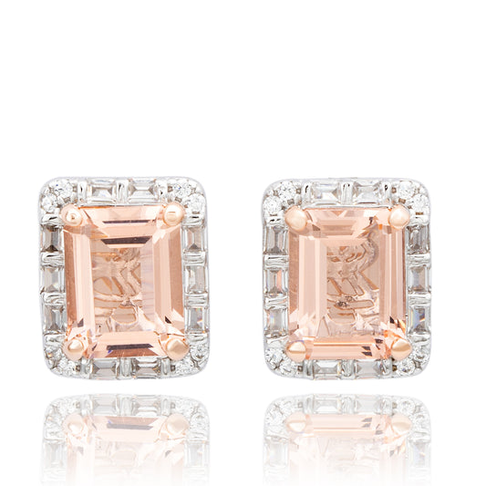 Suzy Levian Sterling Silver Emerald Cut Pink CZ And White CZ Stud Earrings