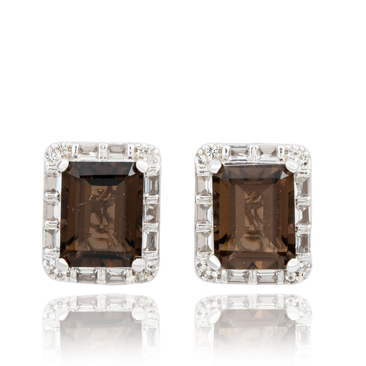 Suzy Levian Sterling Silver Emerald Cut Smoky Quartz And White Topaz Stud Earrings