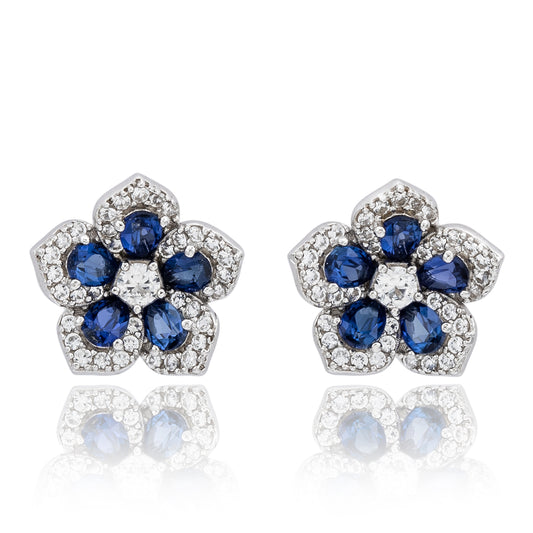 Suzy Levian Sterling Silver Blue Sapphire Created White Sapphire Petite Flower Earrings