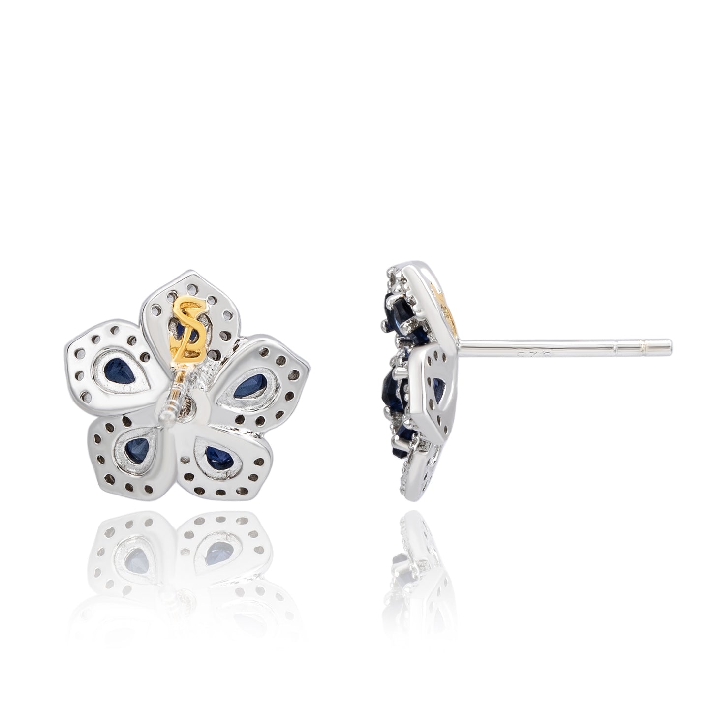 Suzy Levian Sterling Silver Blue Sapphire Created White Sapphire Petite Flower Earrings