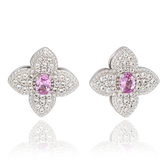 Suzy Levian Sterling Silver Clover Pink Sapphire & Created White Sapphire Stud Earring