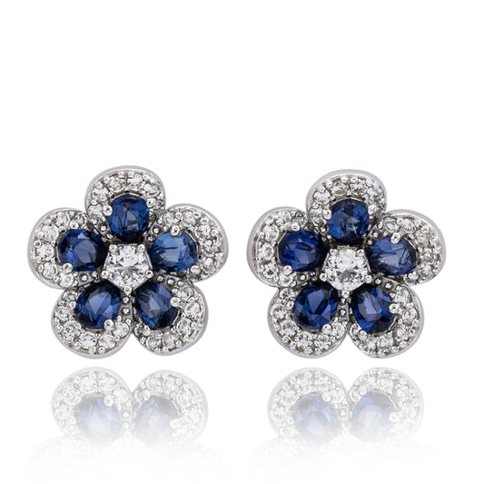 Suzy Levian Sterling Silver Blue Sapphire Created White Sapphire Petite Flower Earrings