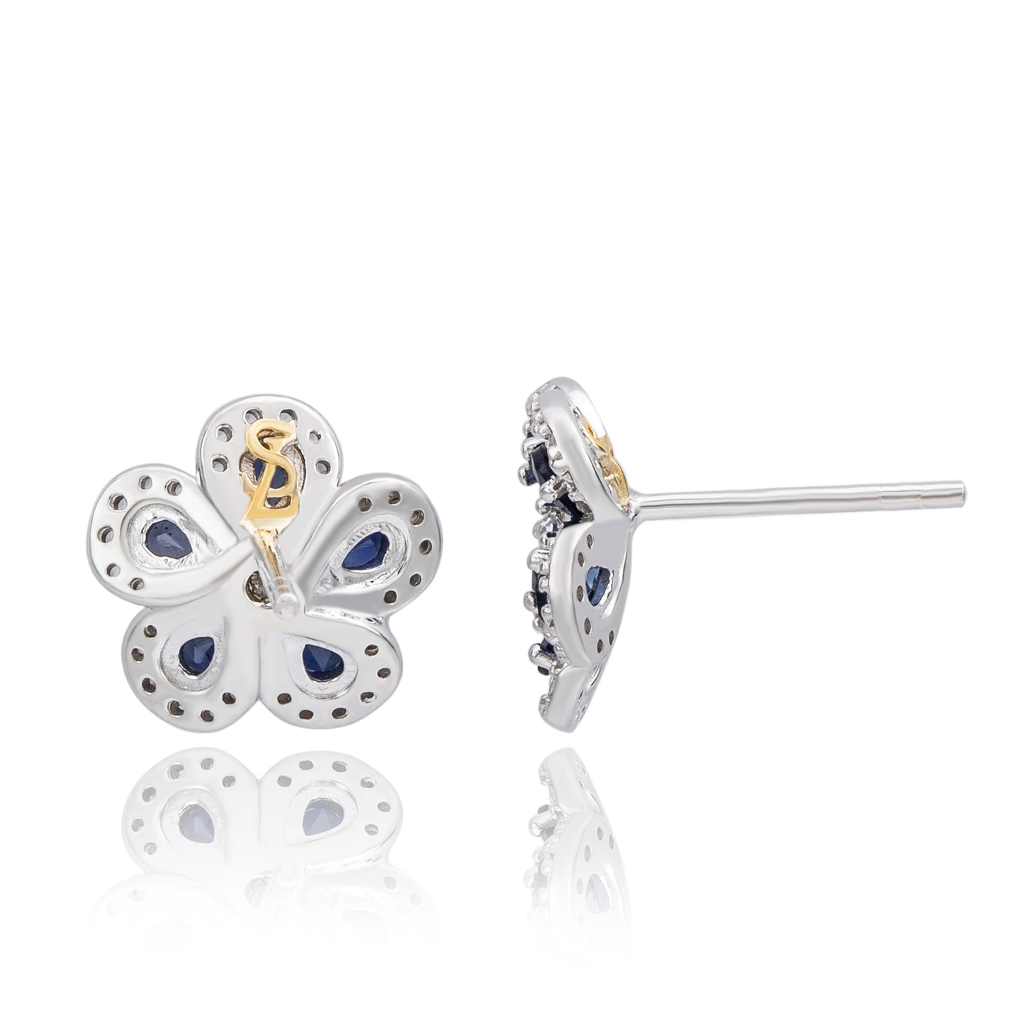 Suzy Levian Sterling Silver Blue Sapphire Created White Sapphire Petite Flower Earrings