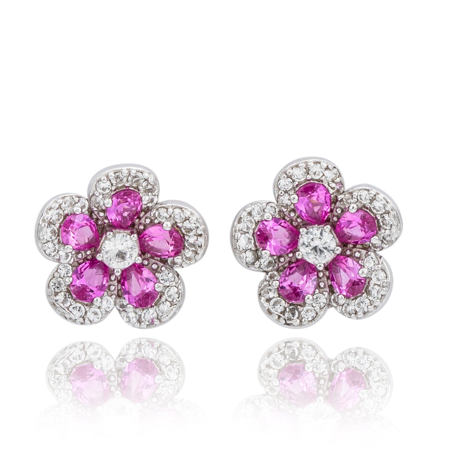 Suzy Levian Sterling Silver Pink Sapphire Created White Sapphire Petite Flower Earrings