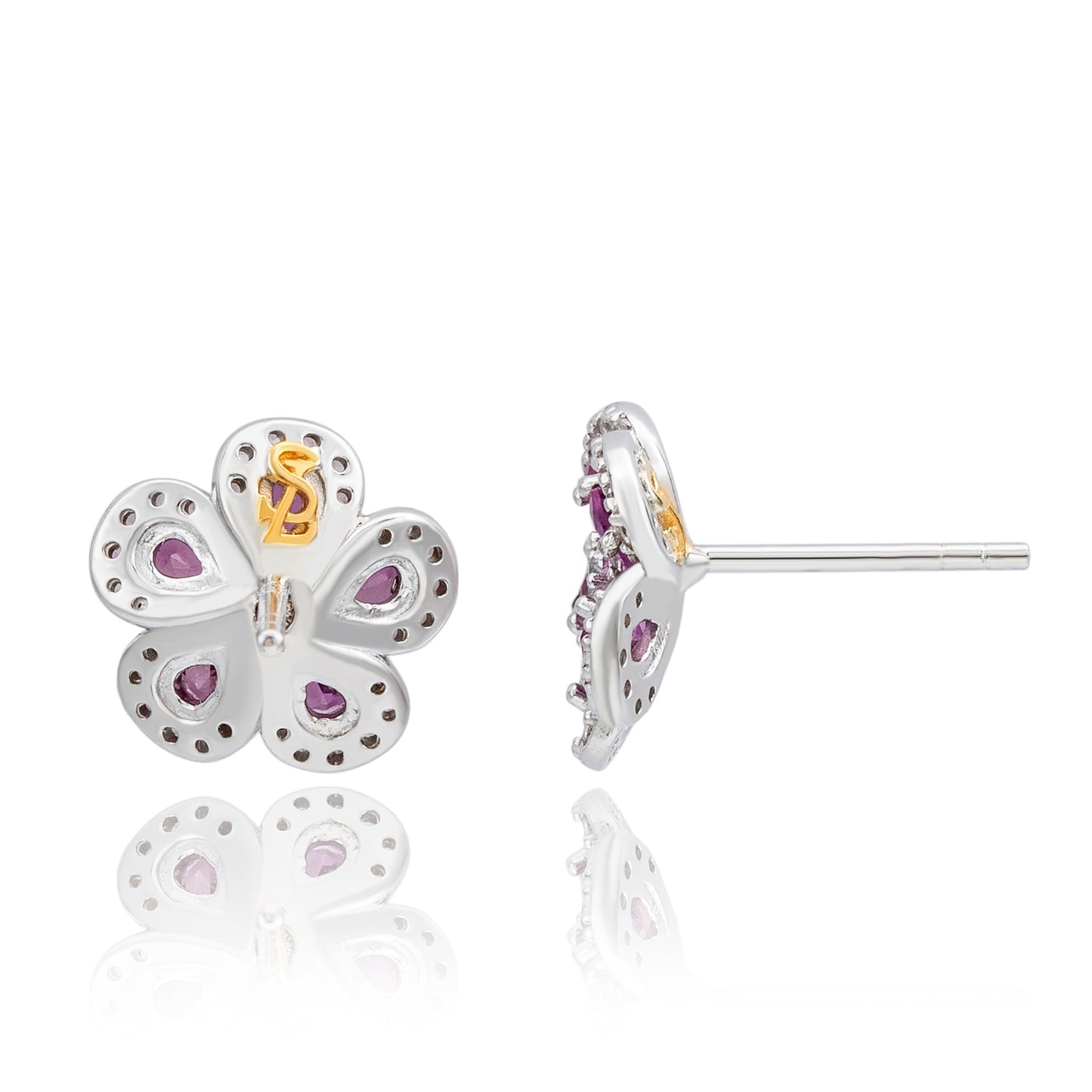 Suzy Levian Sterling Silver Pink Sapphire Created White Sapphire Petite Flower Earrings