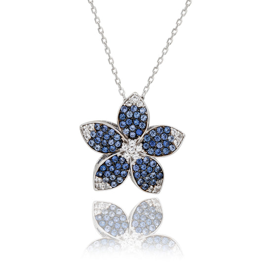 Suzy Levian Sterling Silver Sapphire and Created White Sapphire Large Flower Pendant