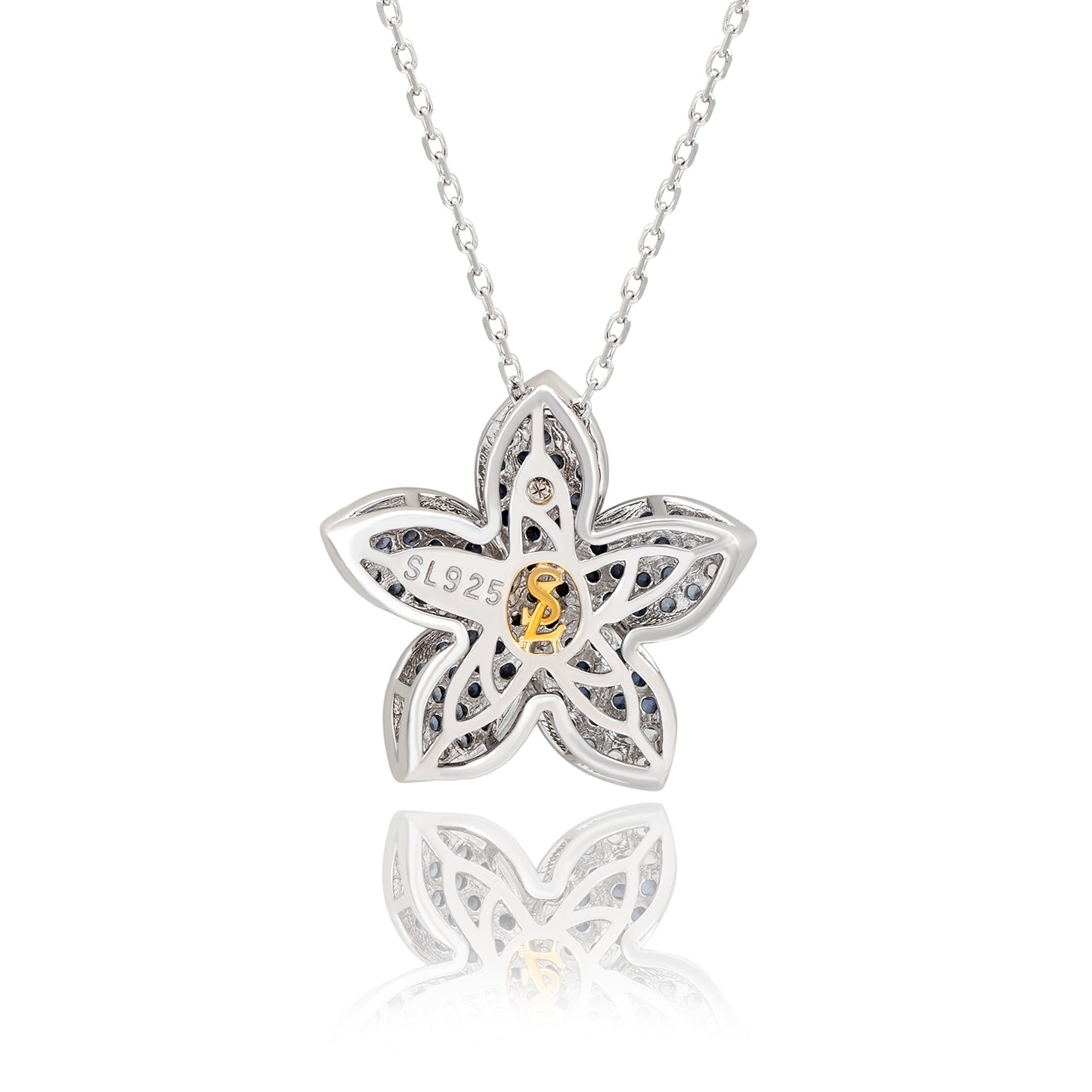 Suzy Levian Sterling Silver Sapphire and Created White Sapphire Large Flower Pendant