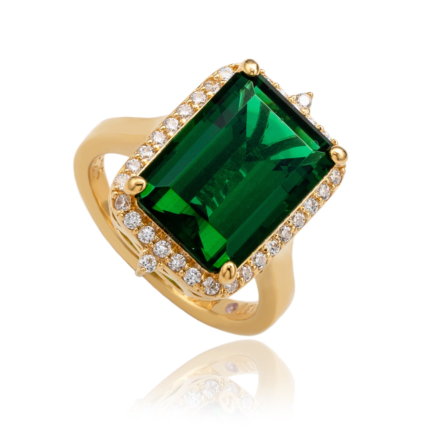 Suzy Levian Yellow Sterling Silver Emerald-Cut Green Cubic Zirconia and Pointed Halo White Cubic Zirconia Ring