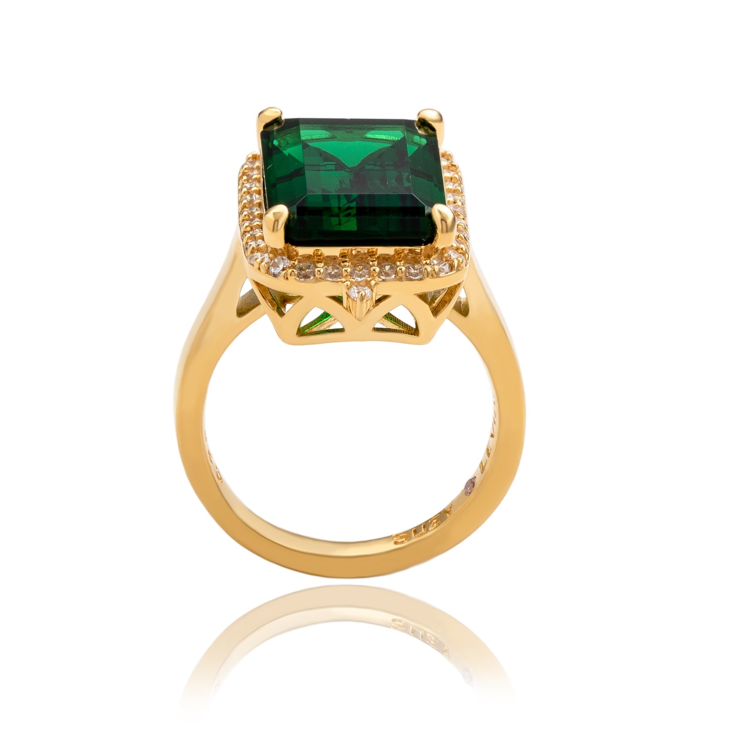 Suzy Levian Yellow Sterling Silver Emerald-Cut Green Cubic Zirconia and Pointed Halo White Cubic Zirconia Ring