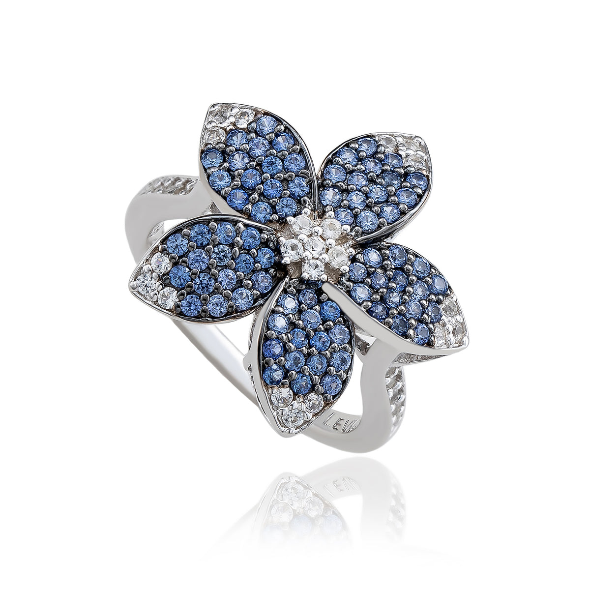 Suzy Levian Sterling Silver Blue Sapphire & White Sapphire Flower Ring