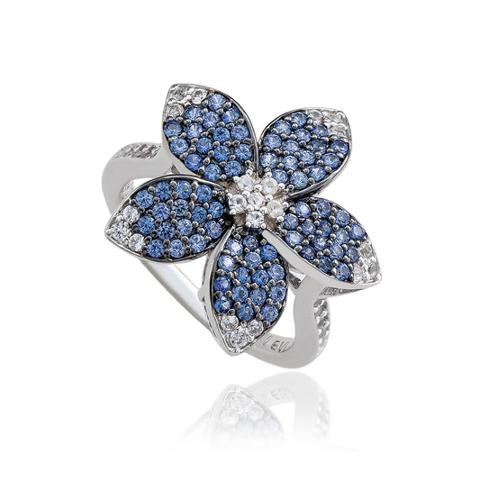 Suzy Levian Sterling Silver Blue Sapphire & White Sapphire Flower Ring