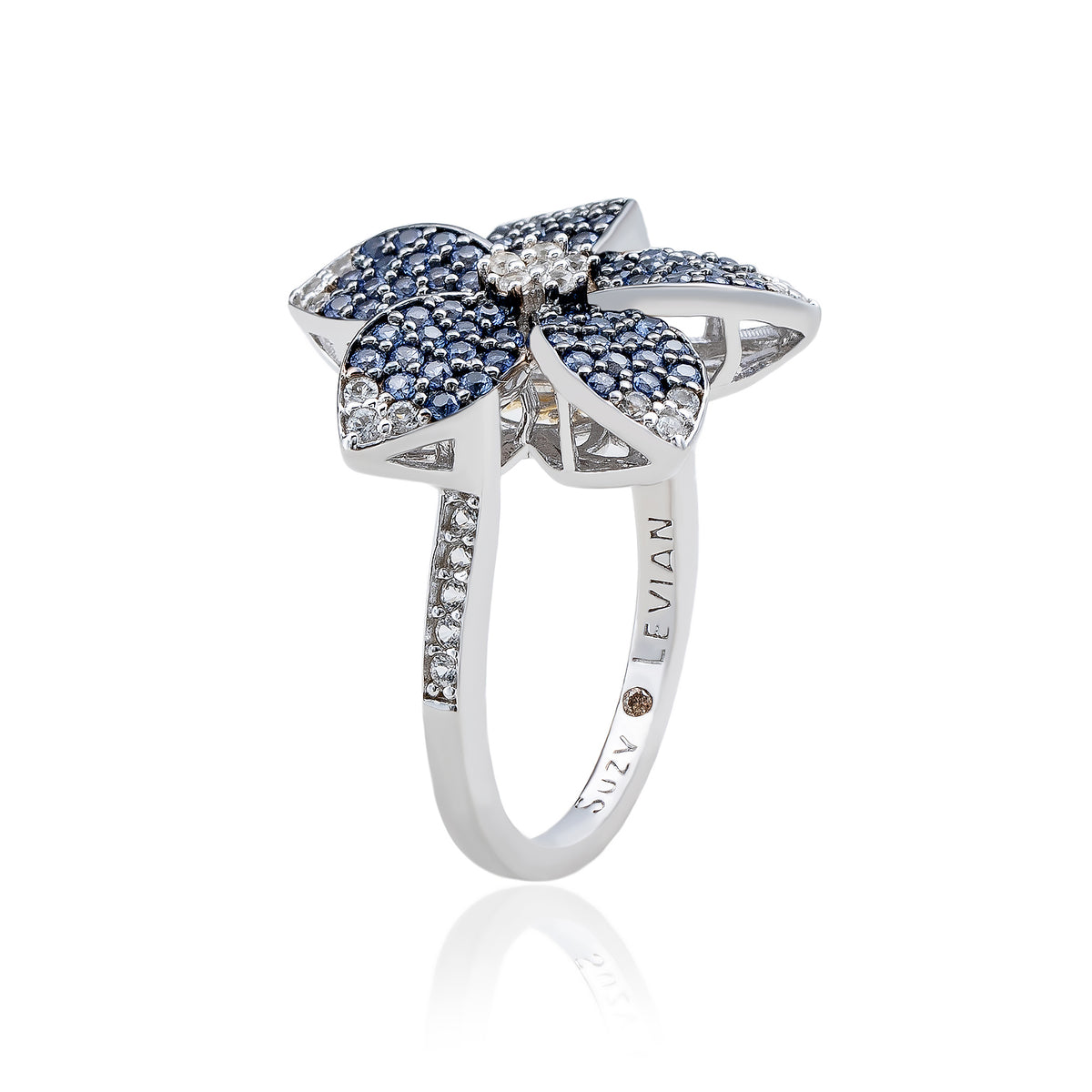 Suzy Levian Sterling Silver Blue Sapphire & White Sapphire Flower Ring