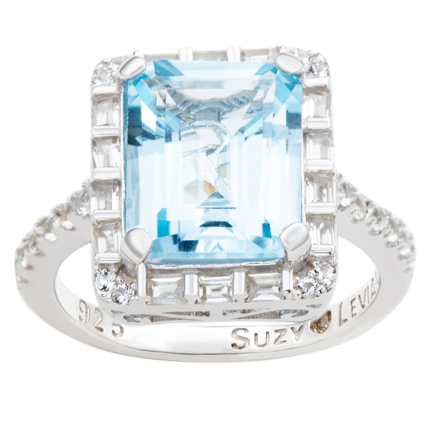 Suzy Levian Sterling Silver Emerald Cut Blue Topaz Halo Ring