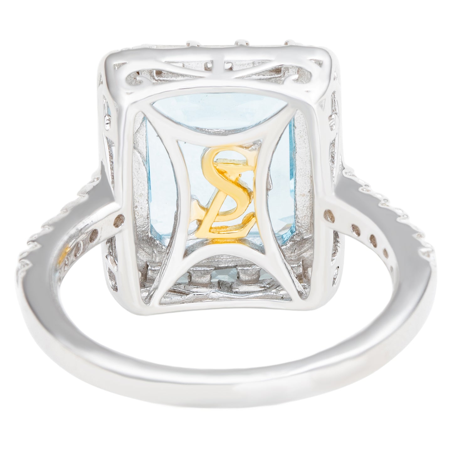 Suzy Levian Sterling Silver Emerald Cut Blue Topaz Halo Ring