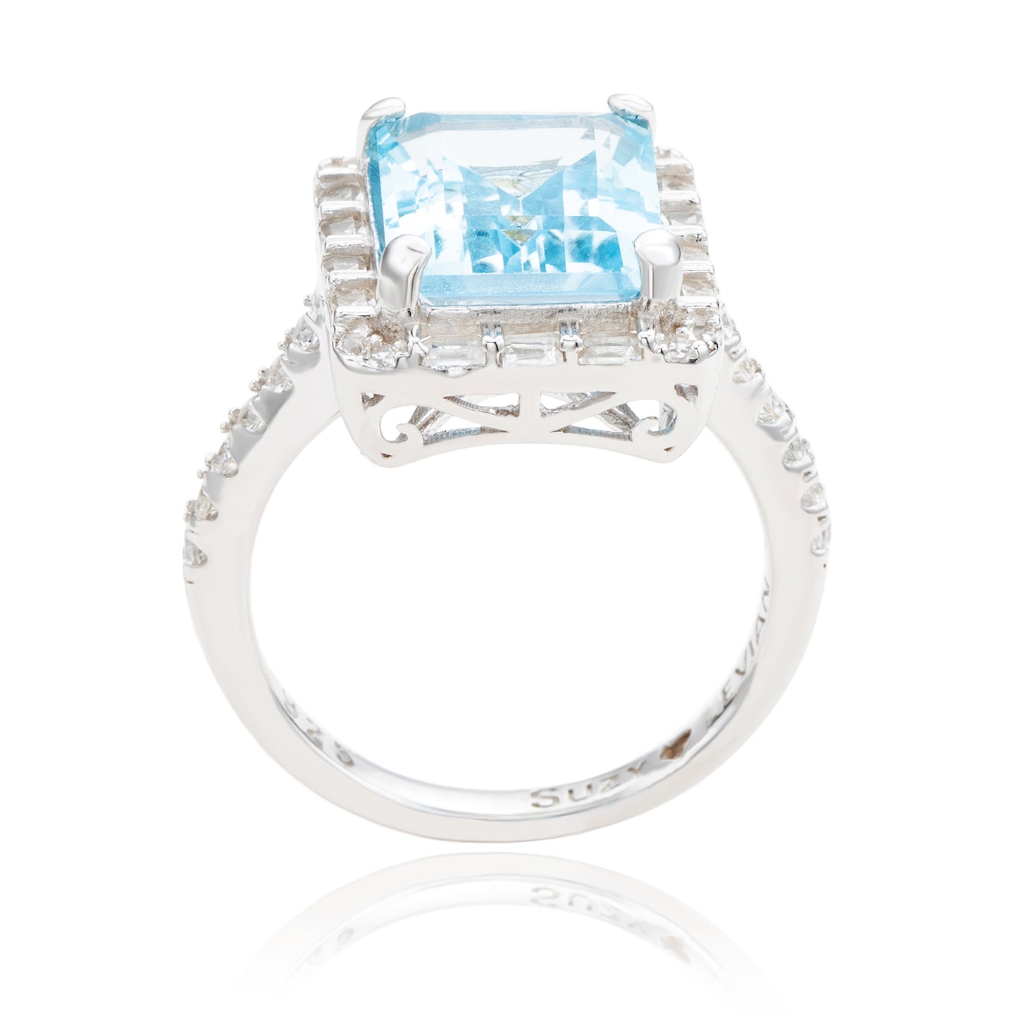 Suzy Levian Sterling Silver Emerald Cut Blue Topaz Halo Ring