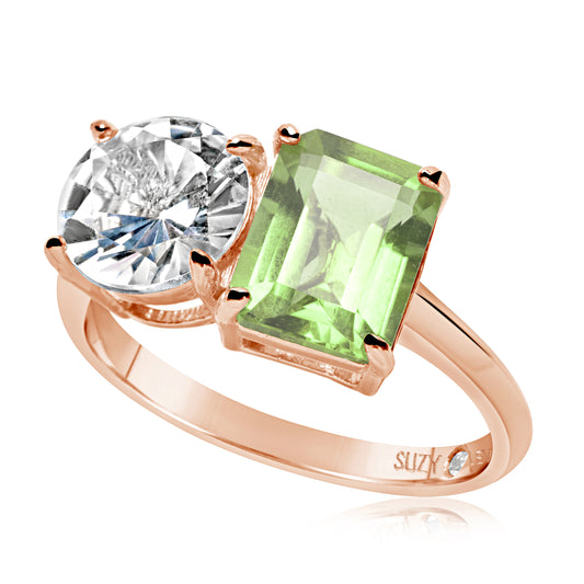 Suzy Levian Rose Sterling Silver White Topaz & Green Amethyst Two Stone Ring