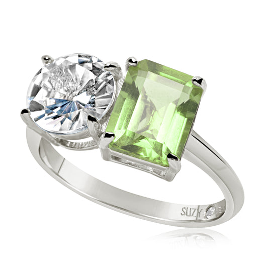 Suzy Levian Sterling Silver White Topaz & Green Amethyst Two Stone Ring