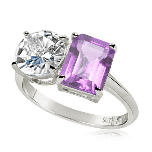 Suzy Levian Sterling Silver White Topaz & Purple Amethyst Two Stone Ring