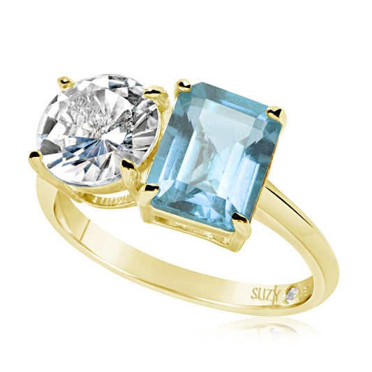 Suzy Levian Yellow Sterling Silver White Topaz & Blue Topaz Two Stone Ring