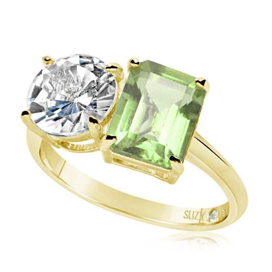 Suzy Levian Yellow Sterling Silver White Topaz & Green Amethyst Two Stone Ring