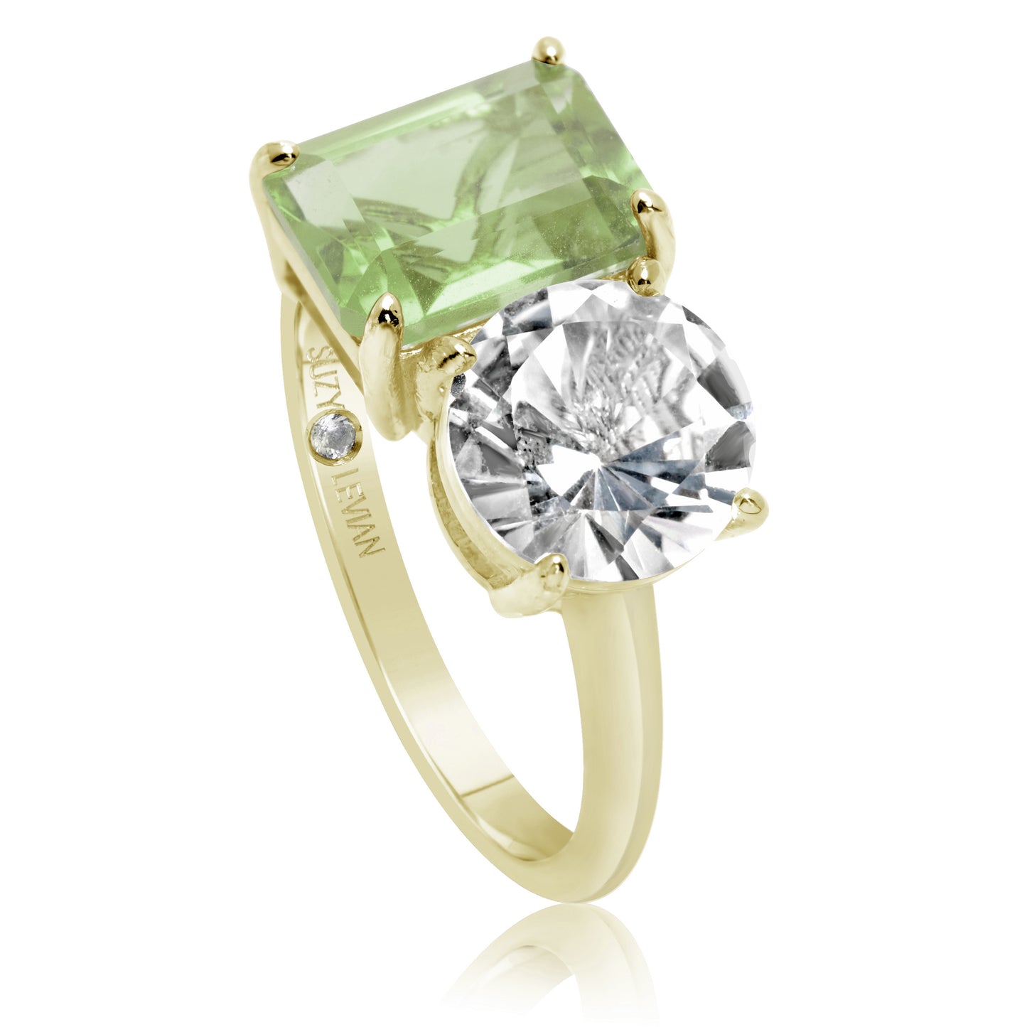 Suzy Levian Yellow Sterling Silver White Topaz & Green Amethyst Two Stone Ring