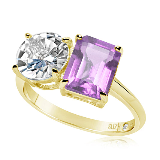 Suzy Levian Yellow Sterling Silver White Topaz & Purple Amethyst Two Stone Ring