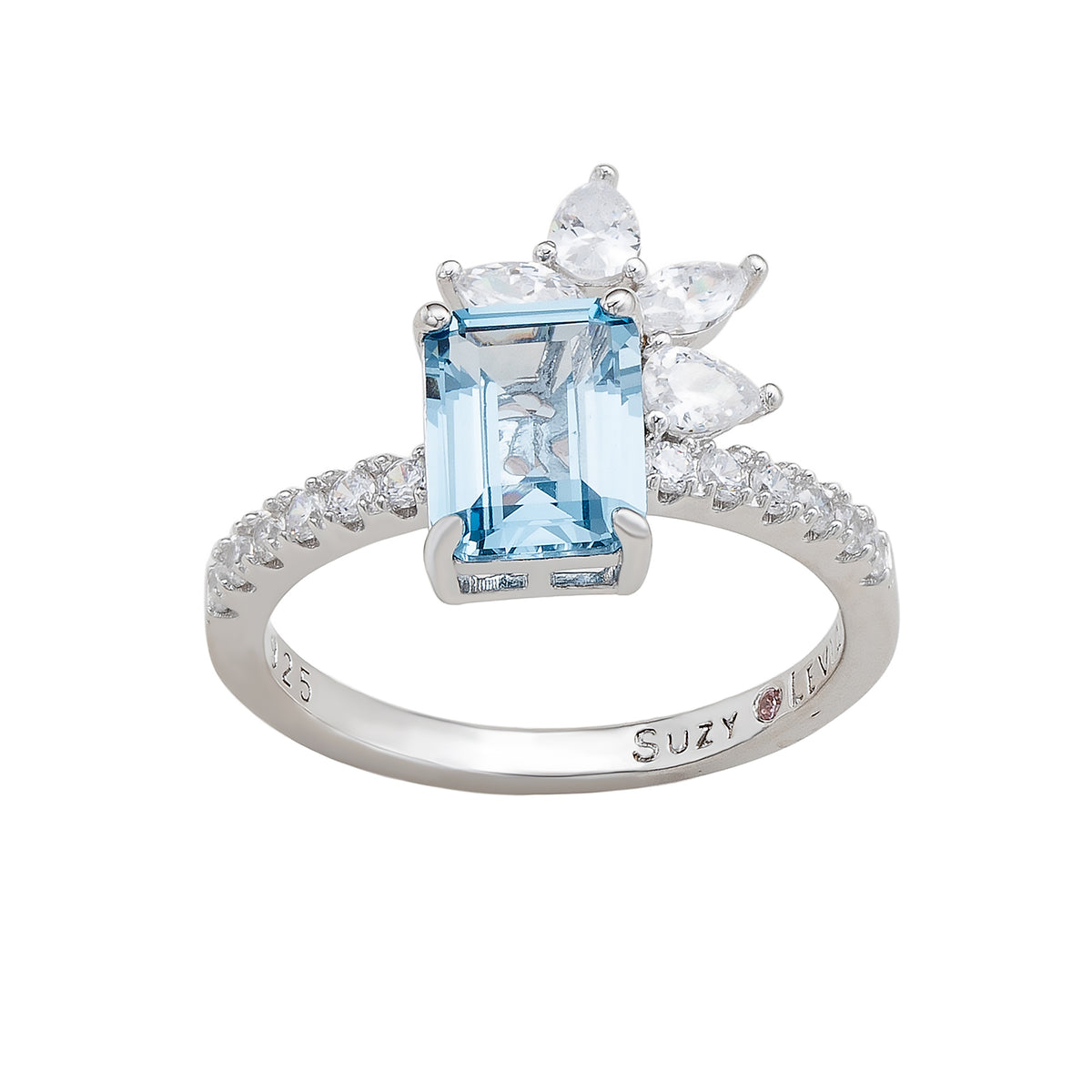 Suzy Levian Sterling Silver Aqua & White Cubic Zirconia Ring