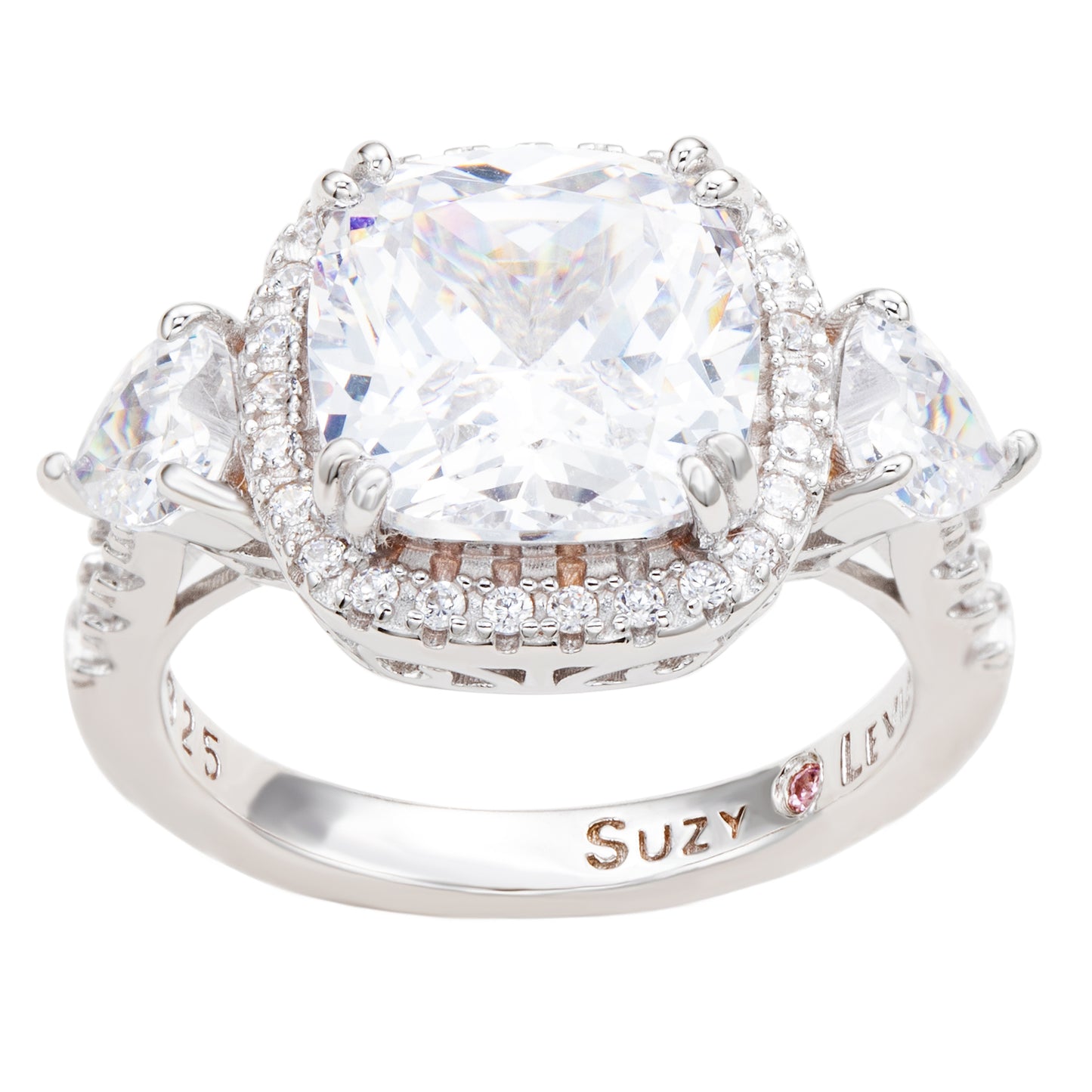 Suzy Levian Sterling Silver Cushion Cut White Cubic Zirconia Halo Bridal Ring