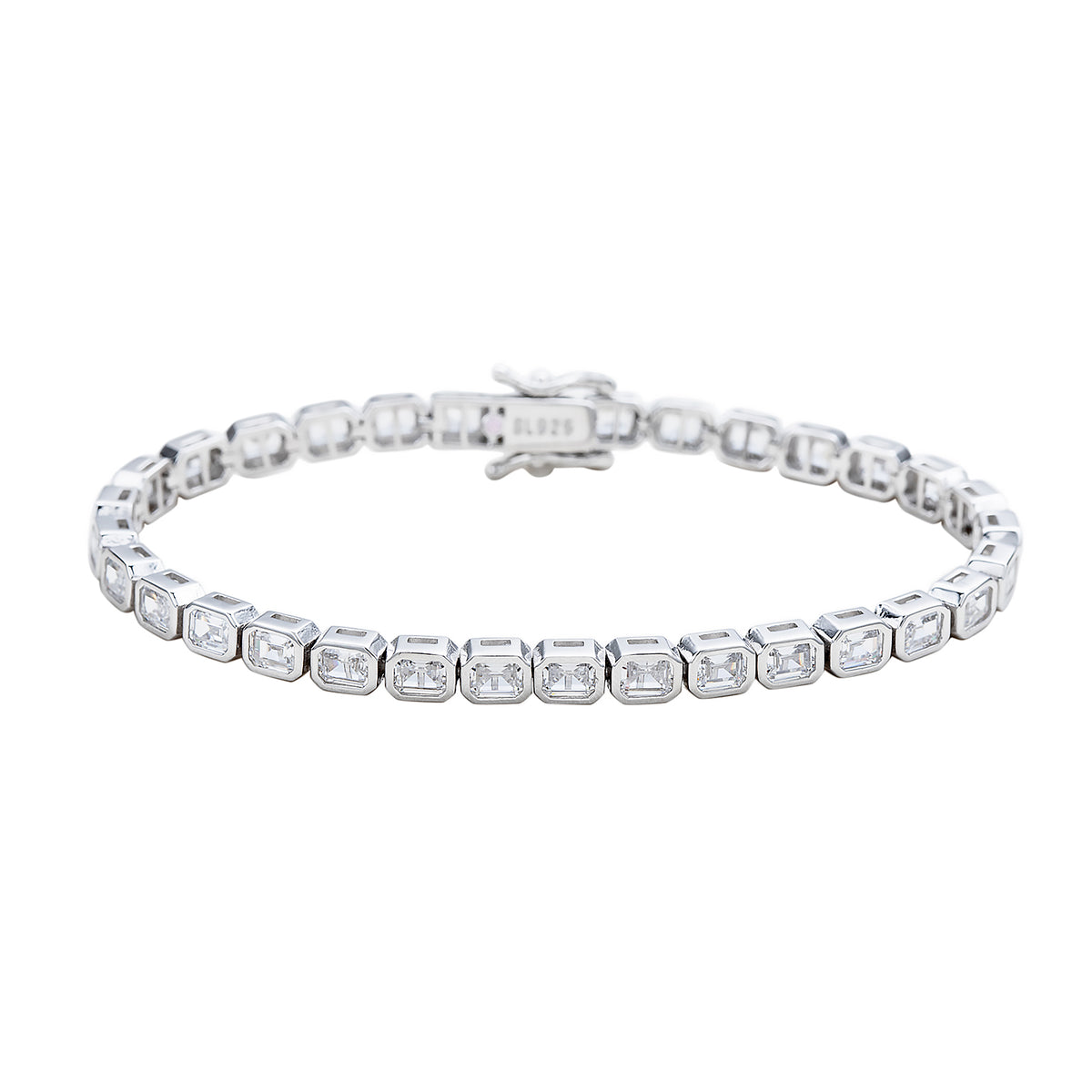 Suzy Levian Emerald Cut Cubic Zirconia Sterling Silver Bezel Set East West 7 inch Tennis Bracelet