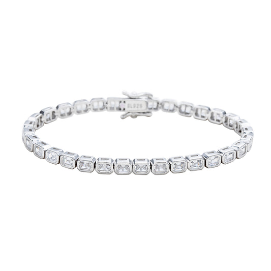 Suzy Levian Emerald Cut Cubic Zirconia Sterling Silver Bezel Set East West 7 inch Tennis Bracelet