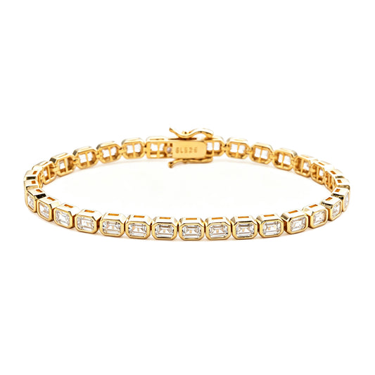 Suzy Levian Emerald Cut Cubic Zirconia Yellow Sterling Silver Bezel Set East West 7 inch Tennis Bracelet