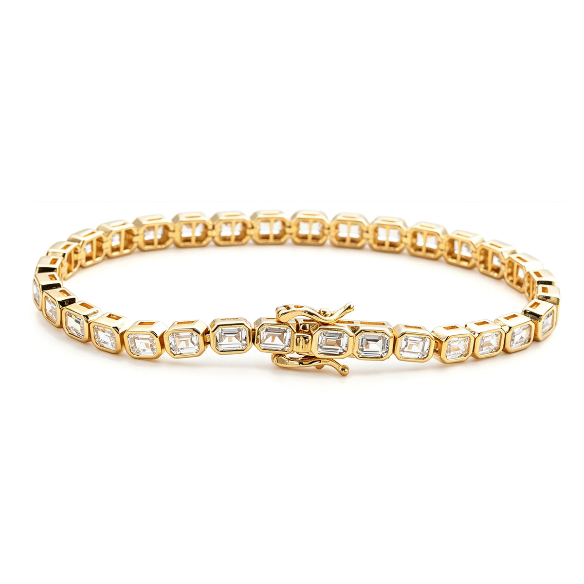 Suzy Levian Emerald Cut Cubic Zirconia Yellow Sterling Silver Bezel Set East West 7 inch Tennis Bracelet