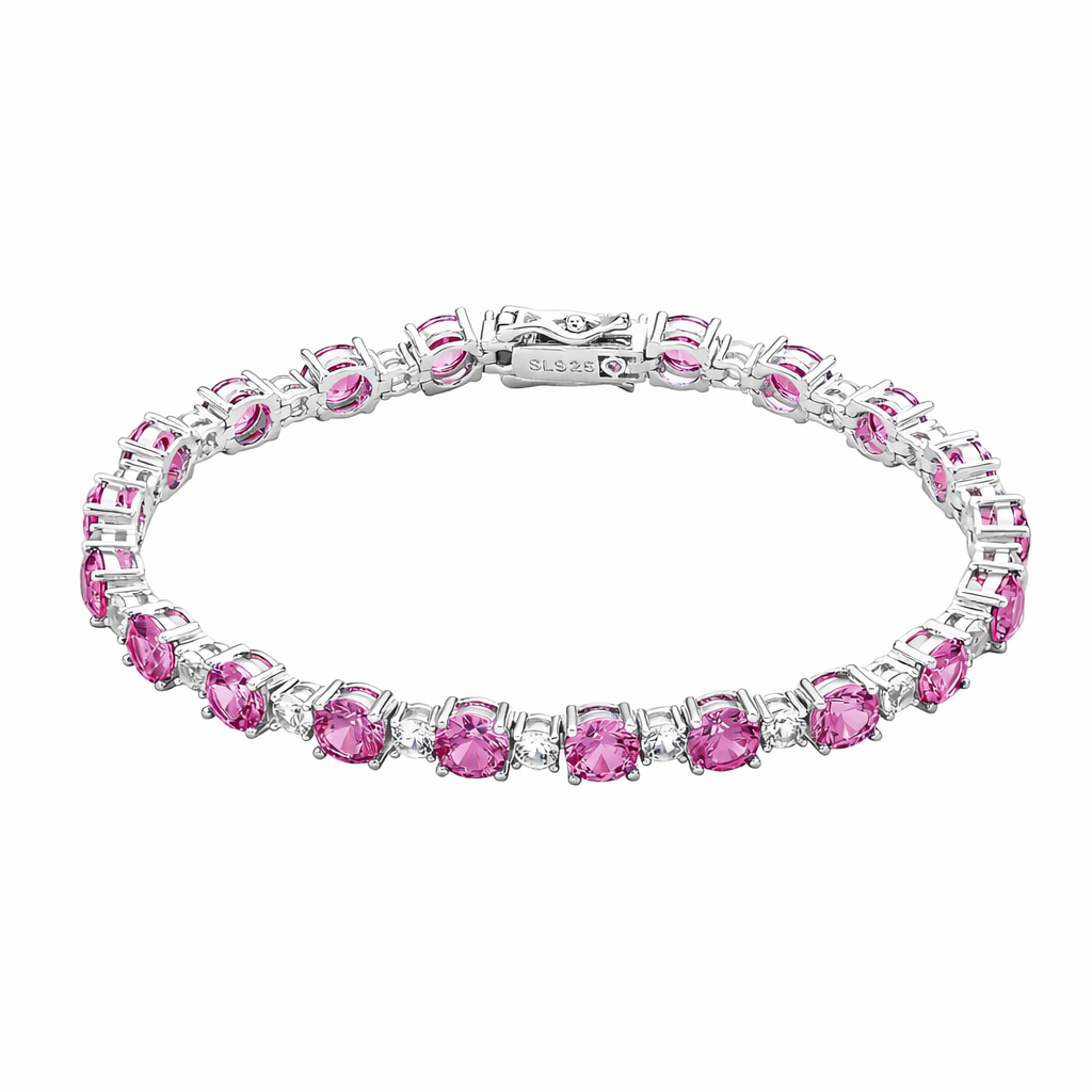 Suzy Levian Sterling Silver Round Cut Pink Sapphire and Created White Sapphire Tennis Bracelet