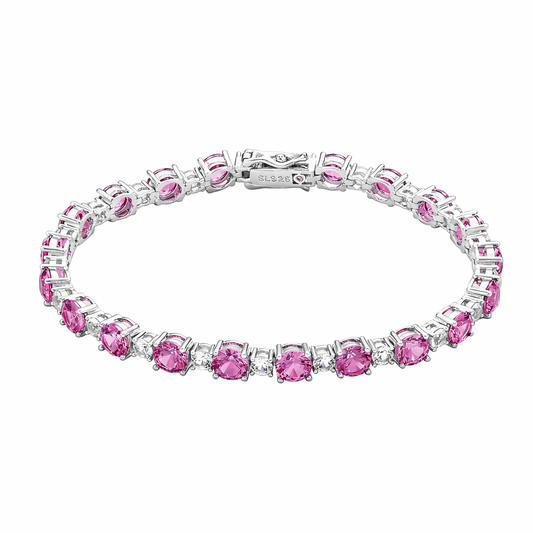 Suzy Levian Sterling Silver Round Cut Pink Sapphire and Created White Sapphire Tennis Bracelet