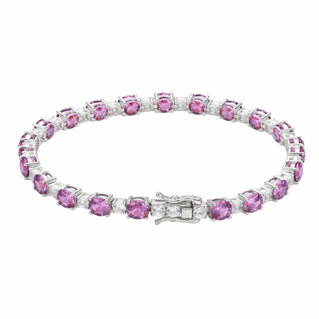 Suzy Levian Sterling Silver Round Cut Pink Sapphire and Created White Sapphire Tennis Bracelet