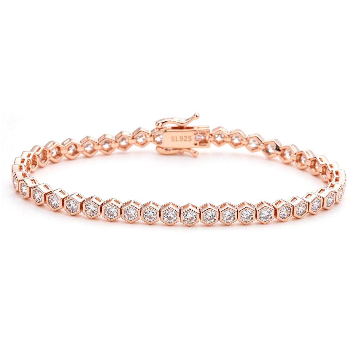 Suzy Levian Cubic Zirconia Rose Sterling Silver Bezel Hexagon Set 7 inch Tennis Bracelet