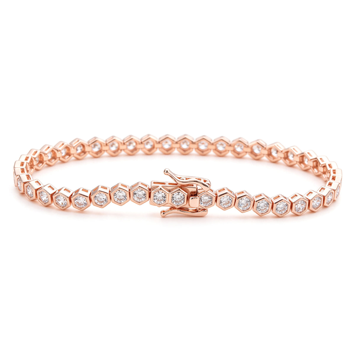 Suzy Levian Cubic Zirconia Rose Sterling Silver Bezel Hexagon Set 7 inch Tennis Bracelet