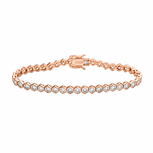 Suzy Levian Cubic Zirconia Rose Sterling Silver Bezel Hexagon Set 7 inch Tennis Bracelet
