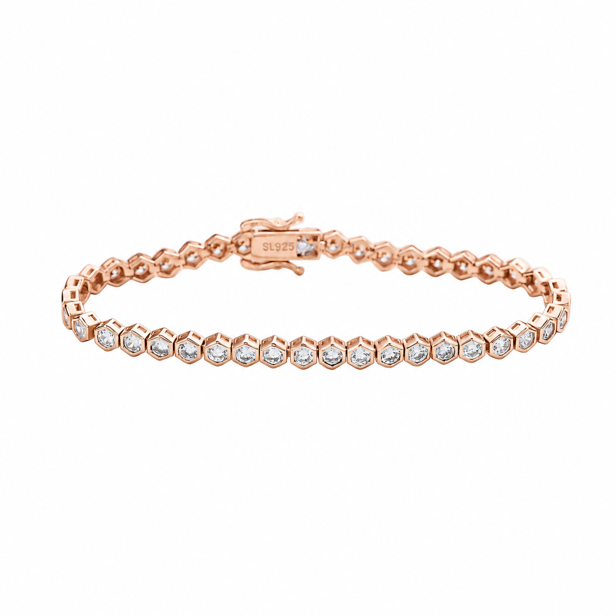 Suzy Levian Cubic Zirconia Rose Sterling Silver Bezel Hexagon Set 7 inch Tennis Bracelet